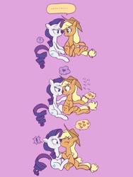 Size: 1620x2160 | Tagged: safe, artist:haibaratomoe, imported from derpibooru, applejack, rarity, earth pony, pony, unicorn, ..., bedroom eyes, blushing, comic, cute, exclamation point, eyes closed, female, flirting, heart, holding hooves, hoof on shoulder, jackabetes, kissing, lesbian, lesbian applejack, lesbian rarity, looking at each other, looking into each others eyes, pink background, question mark, raribetes, rarijack, shipping, simple background, sitting, speech bubble, sweat, sweatdrops, underhoof, wide eyes