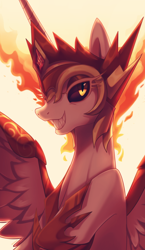 Size: 2600x4489 | Tagged: safe, artist:maren, imported from derpibooru, daybreaker, alicorn, pony, black sclera, crown, dark sclera, evil grin, grin, high res, hoof shoes, jewelry, looking at you, mane of fire, regalia, sharp teeth, smiling, solo, teeth