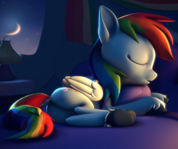 Size: 2490x2082 | Tagged: safe, artist:psfmer, imported from derpibooru, rainbow dash, pegasus, pony, 3d, bed, butt, dock, eyes closed, female, high res, hug, lamp, lying down, mare, moon, on side, open mouth, pillow, pillow hug, plot, revamped ponies, side, sky, sleeping, source filmmaker, stars