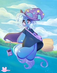 Size: 3186x4096 | Tagged: safe, artist:bunxl, imported from derpibooru, trixie, anthro, semi-anthro, unicorn, blushing, broom, cape, clothes, cute, diatrixes, dress, female, flying, hat, heart, hoof hands, kiki's delivery service, music notes, purse, radio, smiling, solo, trixie's cape, trixie's hat, witch, witch broom