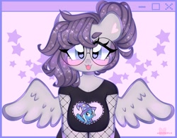 Size: 3326x2607 | Tagged: safe, artist:bunxl, imported from derpibooru, trixie, oc, oc only, oc:vylet, anthro, pegasus, arm boob squeeze, blushing, breasts, fishnets, glasses, heart eyes, high res, looking at you, round glasses, smiling, solo, spread wings, wingding eyes, wings
