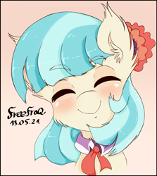 Size: 2247x2522 | Tagged: safe, artist:freefraq, imported from derpibooru, coco pommel, earth pony, pony, blushing, bust, cheek fluff, cocobetes, collar, cravat, cute, ear fluff, eyes closed, female, flower, flower in hair, happy, high res, mare, smiling, solo, weapons-grade cute
