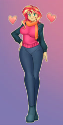 Size: 2000x3948 | Tagged: safe, artist:nauth, imported from derpibooru, sunset shimmer, comic:inner thoughts, equestria girls, breasts, busty sunset shimmer, clothes, female, gradient background, heart, high res, jacket, scarf, sexy, smiling, sweater, winter outfit