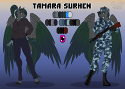 Size: 1400x1000 | Tagged: safe, artist:sunny way, imported from derpibooru, oc, oc:tamara surhen, anthro, hippogriff, anthro hippogriff, art, artwork, clothes, cute, digital art, female, finished commission, finishedcommission, gun, military, my little pony, reference, reference sheet, smiling, weapon, wings