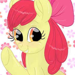 Size: 1600x1600 | Tagged: artist needed, safe, artist:star14131, imported from derpibooru, apple bloom, earth pony, pony, adorabloom, apple bloom's bow, bow, cute, female, filly, flower, hair bow, happy, looking at you, smiling, solo, waving, weapons-grade cute