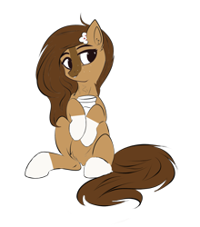 Size: 1761x2000 | Tagged: artist needed, safe, color edit, edit, imported from derpibooru, oc, oc only, oc:cocoa, earth pony, coat markings, coffee cup, colored, cup, earth pony oc, female, flower, flower in hair, mare, sitting, sketch, socks (coat markings)