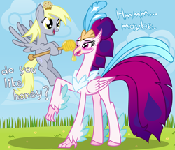 Size: 6969x5994 | Tagged: safe, artist:kmlp, derpibooru exclusive, imported from derpibooru, derpy hooves, queen novo, classical hippogriff, hippogriff, pegasus, pony, my little pony: the movie, absurd resolution, blushing, dialogue, duo, food, honey, muffin, one eye closed, smiling, vector