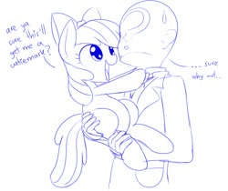 Size: 1456x1222 | Tagged: safe, artist:mcsadat, imported from derpibooru, apple bloom, oc, oc:anon, earth pony, human, pony, butt touch, female, filly, hand on butt, holding a pony, sweat, sweatdrop