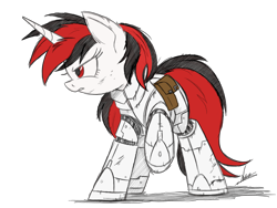 Size: 3323x2500 | Tagged: safe, artist:blackjackpone, artist:ncmares, imported from derpibooru, oc, oc only, oc:blackjack, cyborg, pony, unicorn, fallout equestria, fallout equestria: project horizons, amputee, armor, bag, cybernetic legs, fanfic, fanfic art, female, high res, hooves, horn, level 1 (project horizons), mare, raised hoof, saddle bag, simple background, sketch, solo, solo female, transparent background, unicorn oc