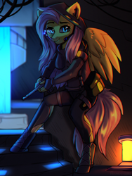 Size: 1500x2000 | Tagged: safe, artist:freak-side, imported from derpibooru, fluttershy, anthro, pegasus, pony, unguligrade anthro, badass, bodysuit, chromatic aberration, flutterbadass, flutterspy, gun, handgun, heads up display, headset, lamp, pistol, scouter, solo, spy, weapon