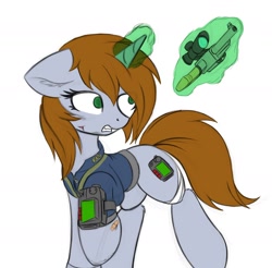 Size: 1824x1797 | Tagged: safe, artist:blackjackpone, artist:krash42, color edit, edit, imported from derpibooru, oc, oc only, oc:littlepip, pony, unicorn, fallout equestria, bandage, clothes, colored, cut, female, gun, handgun, horn, jumpsuit, levitation, magic, mare, pipbuck, revolver, simple background, sketch, solo, solo female, telekinesis, vault suit, weapon, white background