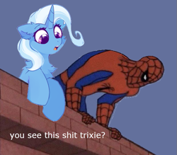 Size: 617x541 | Tagged: safe, artist:mirtash, edit, imported from derpibooru, trixie, pony, unicorn, 60s spider-man, caption, dialogue, female, image macro, mare, meme, reaction image, spider-man, text, vulgar, you seeing this shit