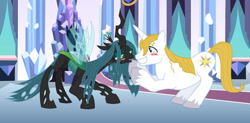 Size: 1280x632 | Tagged: safe, artist:themexicanpunisher, imported from derpibooru, prince blueblood, queen chrysalis, changeling, changeling queen, pony, unicorn, bluesalis, blushing, female, male, shipping, straight