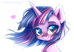 Size: 1414x1000 | Tagged: safe, artist:chaosangeldesu, imported from derpibooru, twilight sparkle, pony, bust, chest fluff, cute, ear fluff, female, heart eyes, looking at you, mare, portrait, simple background, smiling, solo, three quarter view, twiabetes, white background, windswept mane, wingding eyes