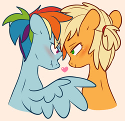 Size: 2072x2002 | Tagged: safe, artist:chub-wub, imported from derpibooru, applejack, rainbow dash, earth pony, pegasus, pony, alternate hairstyle, appledash, blushing, digital art, facing each other, fangs, female, hatless, heart, high res, lesbian, looking at each other, mare, missing accessory, ponytail, raised wing, shipping, simple background, white background