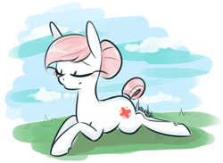 Size: 2022x1477 | Tagged: safe, artist:lilliesinthegarden, imported from derpibooru, nurse redheart, earth pony, pony, eyes closed, female, hair bun, lying down, mare, prone, smiling, solo, tail bun