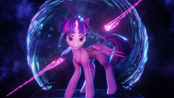 Size: 3840x2160 | Tagged: source needed, safe, artist:valiant studios, imported from derpibooru, twilight sparkle, oc, oc:twilight (dimensional shift), alicorn, pony, 3d, angry, blender, chopsticks, dimensional shift, energy sword, female, high res, mare, platform, rift gate, solo, sword, twilight sparkle (alicorn), vs twi, weapon