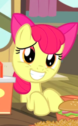 Size: 248x400 | Tagged: safe, imported from derpibooru, screencap, apple bloom, earth pony, pony, season 4, twilight time, adorabloom, burger, cropped, cute, female, filly, food, grin, hamburger, hay burger, nervous, nervous grin, smiling, solo, worried