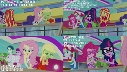 Size: 1280x720 | Tagged: safe, artist:quoterific, edit, edited screencap, editor:quoterific, imported from derpibooru, screencap, applejack, fluttershy, pinkie pie, rainbow dash, rarity, sci-twi, sunset shimmer, twilight sparkle, equestria girls, equestria girls series, spring breakdown, spoiler:eqg series (season 2), clothes, dress, female, green face, humane five, humane seven, humane six, luxe deluxe, male, open mouth, seasickness, shirt, sleeveless, sleeveless dress, sleeveless shirt, yacht