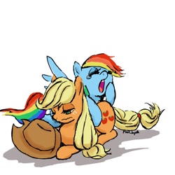 Size: 800x800 | Tagged: safe, artist:puri__kyua, imported from derpibooru, applejack, rainbow dash, earth pony, pegasus, pony, appledash, applejack's hat, cowboy hat, cute, dashabetes, eyes closed, female, freckles, hat, jackabetes, lesbian, lidded eyes, open mouth, shipping, simple background, sleepy, teary eyes, wavy mouth, white background, yawn