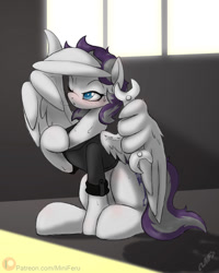 Size: 1200x1500 | Tagged: safe, artist:miniferu, imported from derpibooru, oc, oc only, oc:velocity, pegasus, pony, blushing, clothes, female, mechanic, parent:oc:steelo, parent:twilight velvet, solo, sweat, wing hands, wings, wrench