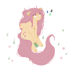 Size: 1000x900 | Tagged: safe, artist:fawndishsoap, imported from derpibooru, fluttershy, butterfly, pegasus, pony, female, floppy ears, fluffy, grass, looking at something, looking up, mare, pink eyes, sitting, solo, three quarter view, wings, wrong eye color