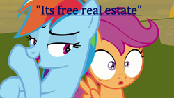 Size: 1280x720 | Tagged: safe, edit, edited screencap, imported from derpibooru, screencap, rainbow dash, scootaloo, pegasus, pony, season 3, sleepless in ponyville, duo, female, filly, mare, meme, tim and eric