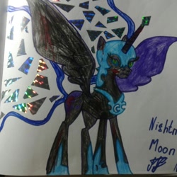 Size: 966x966 | Tagged: safe, artist:shards_of_black_glass, imported from derpibooru, nightmare moon, alicorn, pony, female, frown, helmet, hoof shoes, horn, mare, peytral, signature, solo, traditional art, wings