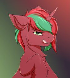 Size: 1297x1446 | Tagged: safe, artist:snowstormbat, imported from derpibooru, oc, oc only, oc:ambrosia firehoof, bat pony, bat pony unicorn, hybrid, pony, unicorn, bust, gradient background, horn, male, my little pony, portrait, solo, stallion, tongue out