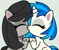 Size: 956x798 | Tagged: safe, artist:grapefruitfacebases, artist:jadeharmony, artist:jadethepegasus, imported from derpibooru, dj pon-3, octavia melody, vinyl scratch, earth pony, pony, unicorn, my little pony: pony life, base used, bowtie, duo, duo female, eyes closed, female, g4, g4 to g4.5, g4.5, gray background, holding hooves, kiss on the lips, kissing, lesbian, mare, pony life, raised hoof, scratchtavia, shipping, simple background