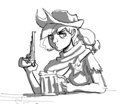 Size: 800x682 | Tagged: safe, artist:crade, applejack, human, alcohol, beer, cider, cigarette, cowgirl, female, gun, humanized, monochrome, sketch, smoking, solo, solo female, weapon