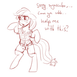 Size: 1000x1000 | Tagged: safe, artist:crade, applejack, earth pony, pony, clothes, denim shorts, female, monochrome, shirt, shorts, simple background, sketch, solo, solo female, white background