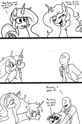 Size: 1200x1800 | Tagged: safe, artist:pony quarantine, daybreaker, princess celestia, oc, oc:anon, oc:dyx, alicorn, pony, alicorn oc, female, filly, horn, implied foalcon, joke explained in the description, monochrome, wings