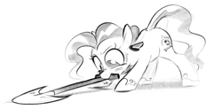 Size: 1595x792 | Tagged: safe, artist:hattsy, imported from ponybooru, petunia paleo, earth pony, pony, blushing, dirty hooves, female, filly, grayscale, monochrome, mouth hold, shovel, solo, sweat