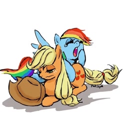 Size: 578x546 | Tagged: safe, imported from derpibooru, applejack, rainbow dash, earth pony, pegasus, pony, appledash, eyes closed, female, lesbian, lidded eyes, shipping, simple background, sleepy, teary eyes, wavy mouth, white background, yawn