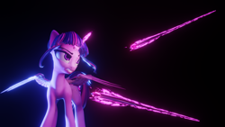 Size: 3840x2160 | Tagged: safe, artist:valiant studios, imported from derpibooru, twilight sparkle, alicorn, pony, 3d, angry, blender, chopsticks, dimensional shift, energy sword, platform, solo, sword, weapon