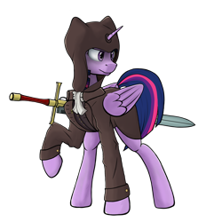 Size: 4200x4200 | Tagged: safe, alternate version, artist:yognaughtsteve, imported from derpibooru, twilight sparkle, alicorn, pony, clothes, female, hood, inquisition, inquisitor, mare, nemesis force sword, solo, twilight sparkle (alicorn), warhammer (game), warhammer 40k