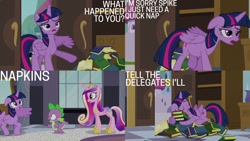 Size: 1280x720 | Tagged: safe, edit, edited screencap, editor:quoterific, imported from derpibooru, screencap, princess cadance, spike, twilight sparkle, alicorn, dragon, pony, princess spike (episode), season 5, book, crown, cute, eyes closed, female, hug, implied napkins, jewelry, male, mare, open mouth, regalia, shocked, sleeping, sleepy, solo, stallion, that pony sure does love books, tired, trio, twiabetes, twilight sparkle (alicorn)