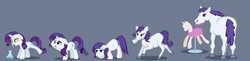 Size: 1800x437 | Tagged: safe, artist:magerblutooth, imported from derpibooru, rarity, horse, pony, unicorn, bottle, bubble, butt, clothes, commission, dress, female, feral, floppy ears, gray background, hoers, horses doing horse things, horsified, intelligence loss, lidded eyes, looking back, mannequin, mare, mental shift, munching, open mouth, potion, realistic, rearity, semi-realistic, show accurate, simple background, snorting, solo, story included, swirly eyes, transformation, transformation sequence, vector