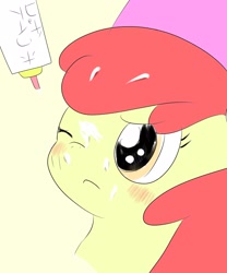 Size: 1701x2048 | Tagged: artist needed, source needed, safe, imported from derpibooru, apple bloom, earth pony, pony, blushing, closed eye, female, filly, glue, japanese, messy, one eye closed, solo, upset, white chocolate