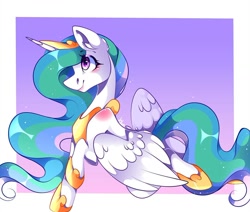 Size: 1080x915 | Tagged: safe, artist:tessa_key_, imported from derpibooru, princess celestia, alicorn, pony, abstract background, cute, cutelestia, female, hoof shoes, horn, jewelry, mare, peytral, signature, smiling, solo, tiara, wings