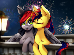 Size: 2000x1500 | Tagged: artist needed, source needed, safe, imported from derpibooru, screencap, oc, oc only, pegasus, pony, unicorn, commission, couple, cute, fireworks, kissing, wings