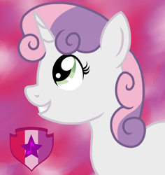 Size: 1080x1142 | Tagged: safe, artist:fruiitypieq, artist:shycookieq, imported from derpibooru, sweetie belle, pony, unicorn, abstract background, bust, cutie mark, eyelashes, female, filly, grin, horn, smiling, the cmc's cutie marks