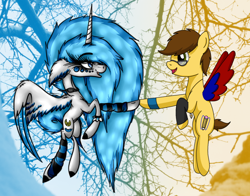 Size: 1376x1080 | Tagged: safe, artist:beamybutt, artist:fruiitypieq, artist:shycookieq, imported from derpibooru, oc, oc only, alicorn, pegasus, pony, abstract background, alicorn oc, collaboration, female, flying, glasses, hoofbump, horn, leg warmers, mare, pegasus oc, smiling, two toned wings, wings
