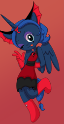 Size: 1053x2029 | Tagged: safe, artist:fruiitypieq, artist:shycookieq, idw, imported from derpibooru, princess luna, alicorn, anthro, reflections, spoiler:comic, base used, clothes, dress, evil counterpart, evil luna, female, horn, makeup, mirror universe, one eye closed, red background, simple background, solo, wings, wink