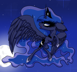 Size: 1080x1005 | Tagged: safe, artist:beamybutt, artist:fruiitypieq, artist:shycookieq, imported from derpibooru, princess luna, alicorn, pony, collaboration, ear fluff, eyelashes, female, full moon, hoof shoes, horn, jewelry, looking back, mare, moon, night, peytral, stars, tiara, wings