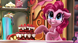 Size: 3840x2160 | Tagged: safe, alternate version, artist:brainiac, imported from derpibooru, pinkie pie, earth pony, pony, cake, chest fluff, cupcake, cute, diapinkes, female, floppy ears, food, happy, high res, lineless, mare, pie, scene interpretation, smiling, solo