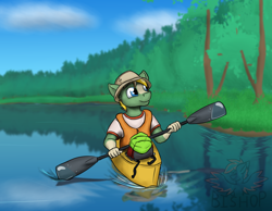 Size: 3000x2322 | Tagged: safe, artist:askavrobishop, imported from derpibooru, oc, oc only, anthro, earth pony, earth pony oc, forest, high res, kayak, lake, lifejacket, male, reflection, rowing, solo, tree, water