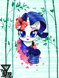 Size: 1200x1599 | Tagged: safe, artist:theretroart88, imported from derpibooru, rarity, pony, unicorn, bamboo, blushing, bust, eyeshadow, female, flower, flower in hair, lipstick, looking at you, makeup, mare, solo