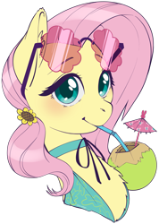 Size: 2239x3152 | Tagged: safe, artist:taytinabelle, imported from derpibooru, fluttershy, pegasus, pony, blushing, bust, chest fluff, clothes, coconut, coconut cup, collar, cute, drinking, drinking straw, ear fluff, female, food, hairclip, herbivore, high res, looking at you, mare, shyabetes, simple background, solo, straw, sunglasses, sunglasses on head, swimsuit, transparent background